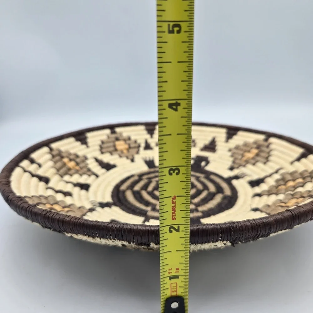 Handwoven Coiled Basket Bowl Geometric Turtle Brown‎ Cream Southwest Style 9.75